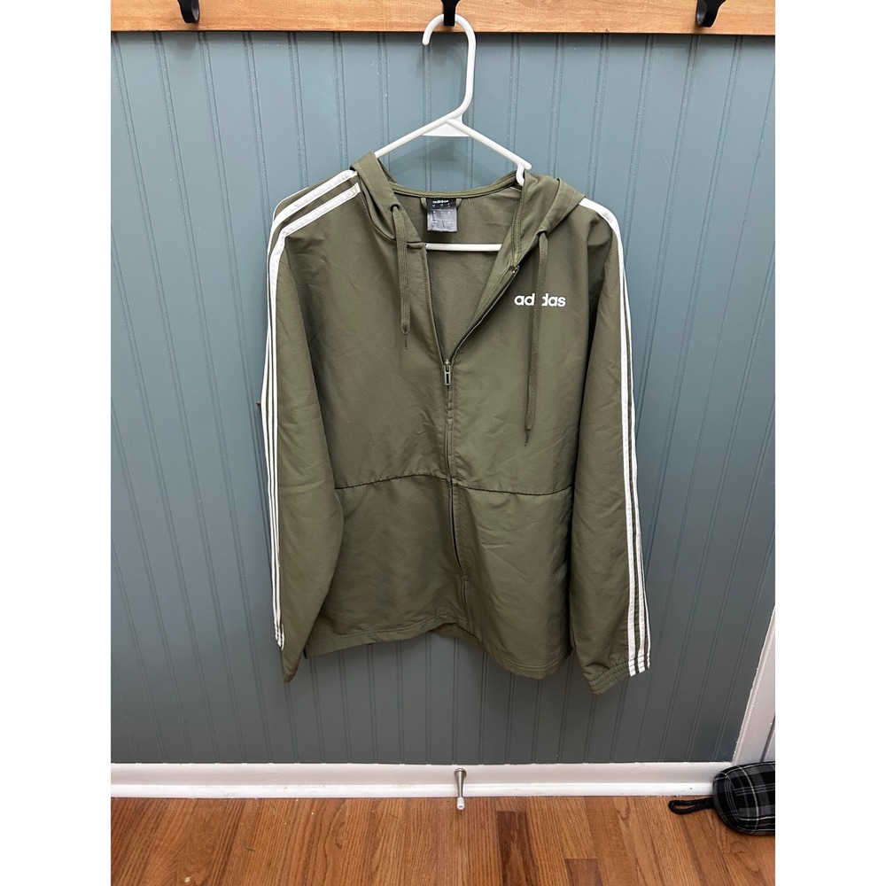 Adidas Mens Hooded Jacket Green Full Zip Athletic Lightweight Sz M